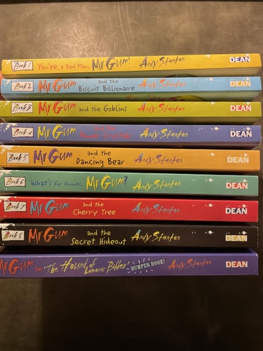 Mr Gum Collection Andy Stanton 9 Books Set (Biscuit Billionaire, The Cherry Tree, The Dancing Bear, The Goblins, The Power Crystals, Whats for Dinner, The Secret Hideout, The Hound of Lamonic Bibber, cover